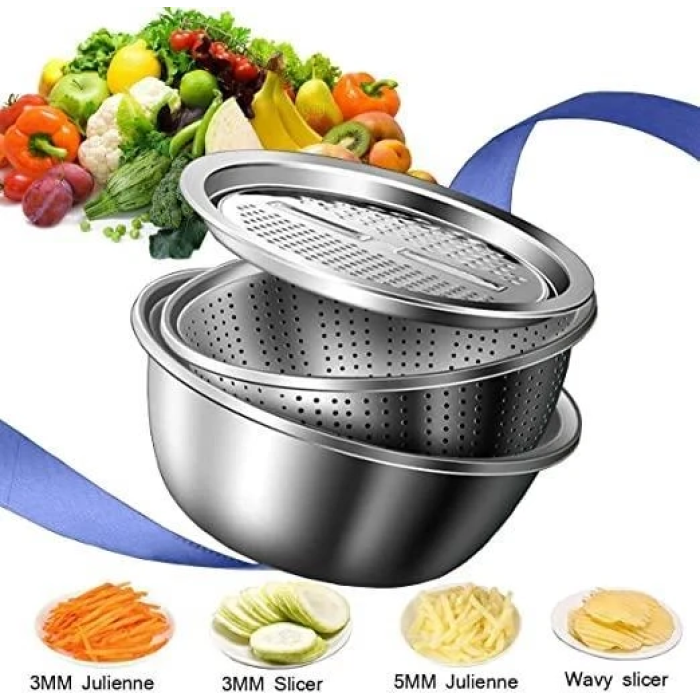 Багатофункціональний кухонний набір з нержавіючої сталі 3 в 1 Metal Basket Cutter Миска друшляк і тертка
