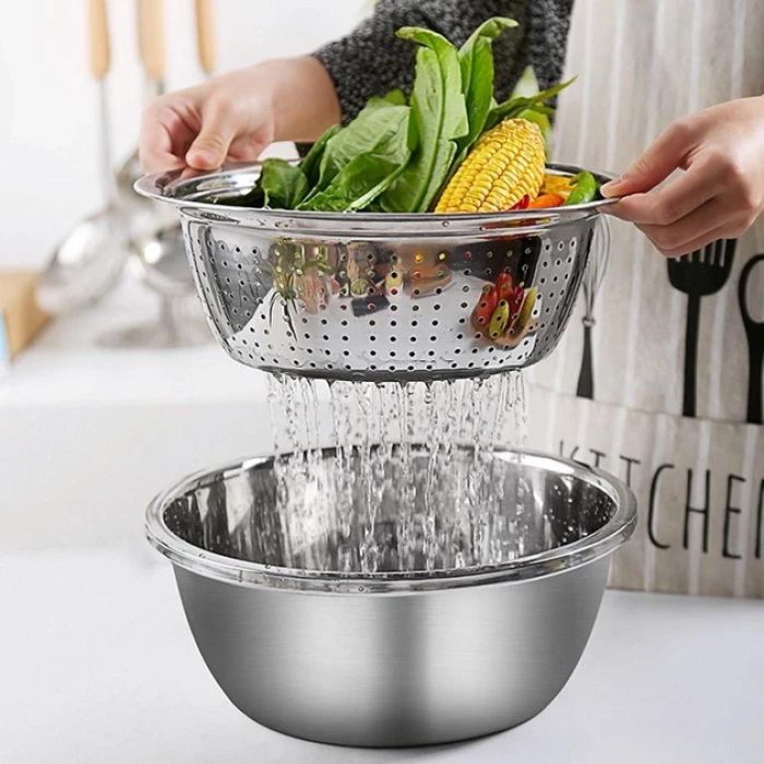Багатофункціональний кухонний набір з нержавіючої сталі 3 в 1 Metal Basket Cutter Миска друшляк і тертка
