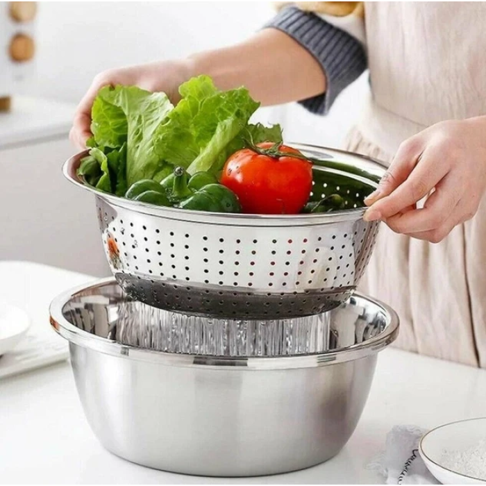 Багатофункціональний кухонний набір з нержавіючої сталі 3 в 1 Metal Basket Cutter Миска друшляк і тертка