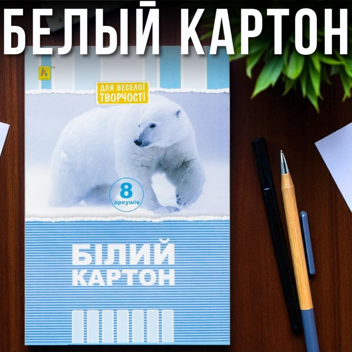 Білий картон А4 на 8 аркушів односторонній "Коленкор"