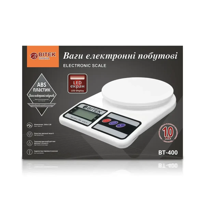 Ваги електронні кухонні з платформою до 10 кг від 1г BITEK BT-400 Білі