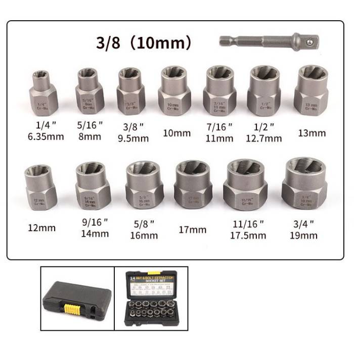 Набір інструментів для видалення ударних болтів та гайок 14в1 Nut extractor AND ES-14 Набір екстракторів у кейсі