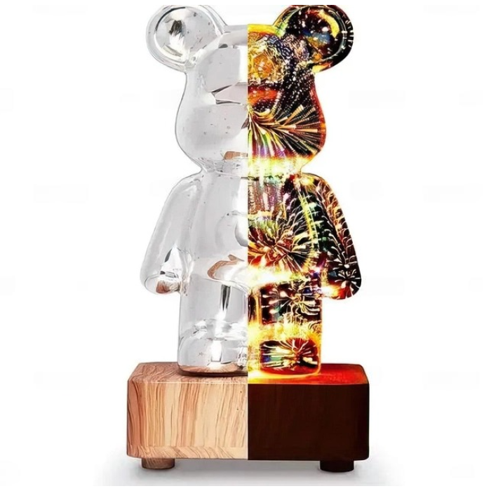 3D нічник скляний з ефектом феєрверку у вигляді ведмедика RGB Bearbrick LED Світильник-лампа на 8 кольорів
