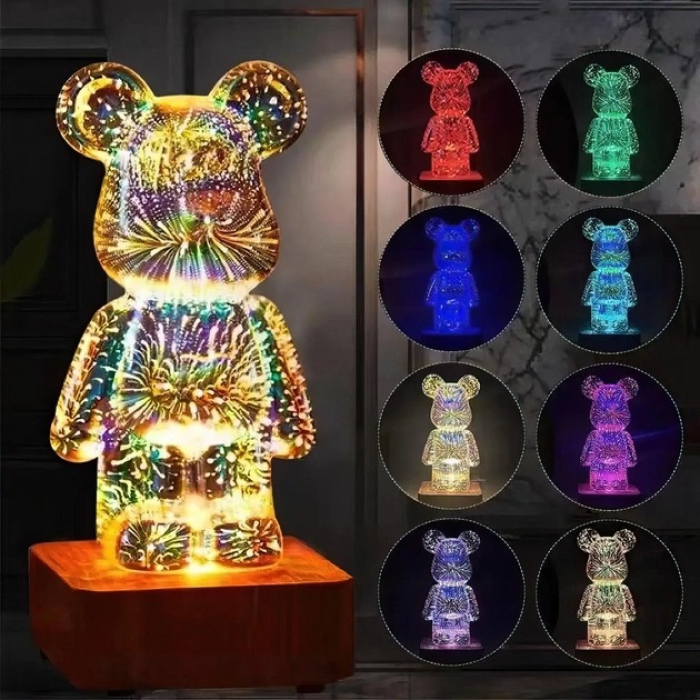 3D нічник скляний з ефектом феєрверку у вигляді ведмедика RGB Bearbrick LED Світильник-лампа на 8 кольорів