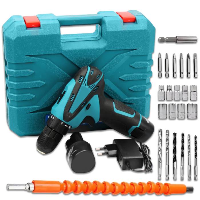 Шуруповерт 12V з акумуляторами 2 Ah та набором інструментів у кейсі