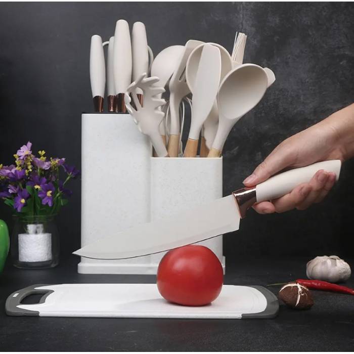 Набір силіконових кухонних речей 19 предметів Білий Kitchen Set Кухонний набір з дощечкою
