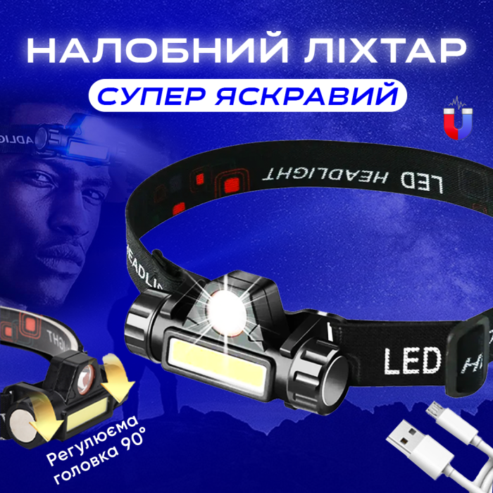 Налобний ліхтар акумуляторний USB Bailong RJ-8101 XPE з магнітом