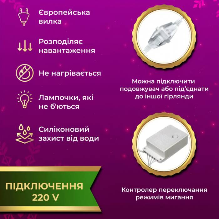 Новорічна яскрава USB гірлянда-штора на 160 LED 2х2 м та 8 ниток Мультиколір