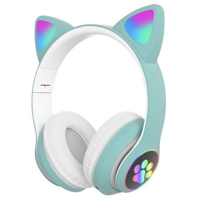 Наушники детские беспроводные Bluetooth с FM-радио Cat Ear AKS-28 LED Кошачьи ушки с подсветкой Бирюзовый