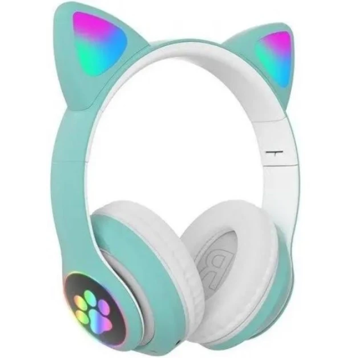 Наушники детские беспроводные Bluetooth с FM-радио Cat Ear AKS-28 LED Кошачьи ушки с подсветкой Бирюзовый