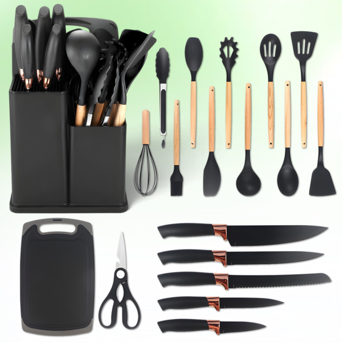 Набір силіконового кухонного приладдя 19 предметів Чорний Kitchen Set Кухонний набір із дощечкою