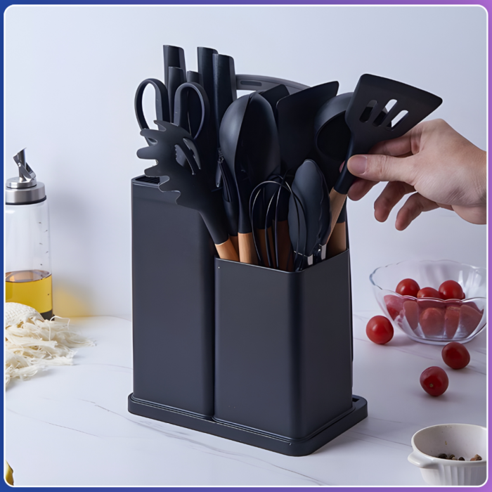 Набір силіконового кухонного приладдя 19 предметів Чорний Kitchen Set Кухонний набір із дощечкою