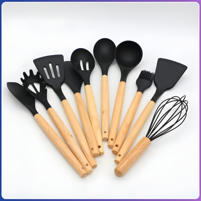 Набір силіконового кухонного приладдя 19 предметів Чорний Kitchen Set Кухонний набір із дощечкою