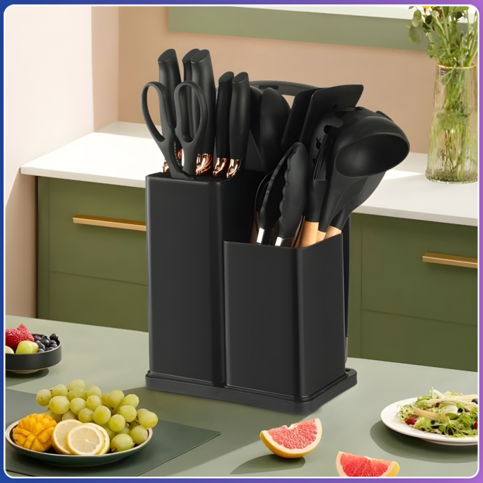 Набір силіконового кухонного приладдя 19 предметів Чорний Kitchen Set Кухонний набір із дощечкою