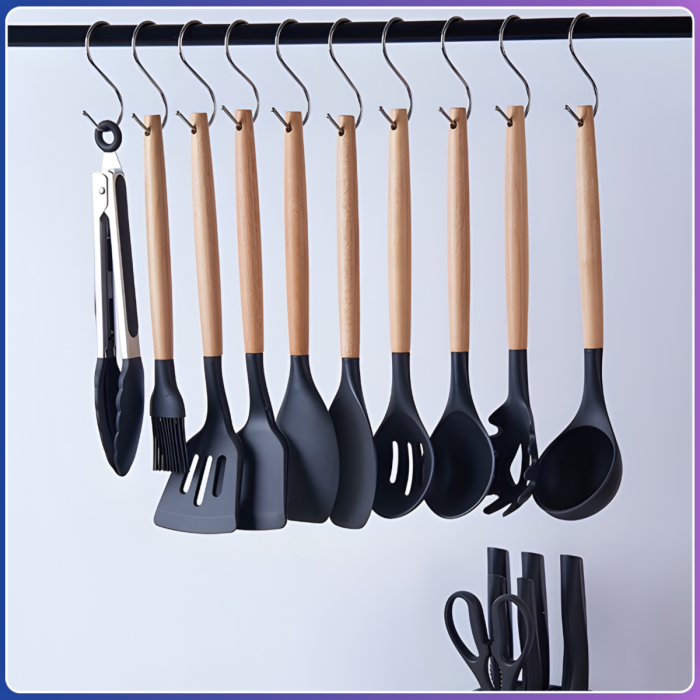 Набір силіконового кухонного приладдя 19 предметів Чорний Kitchen Set Кухонний набір із дощечкою