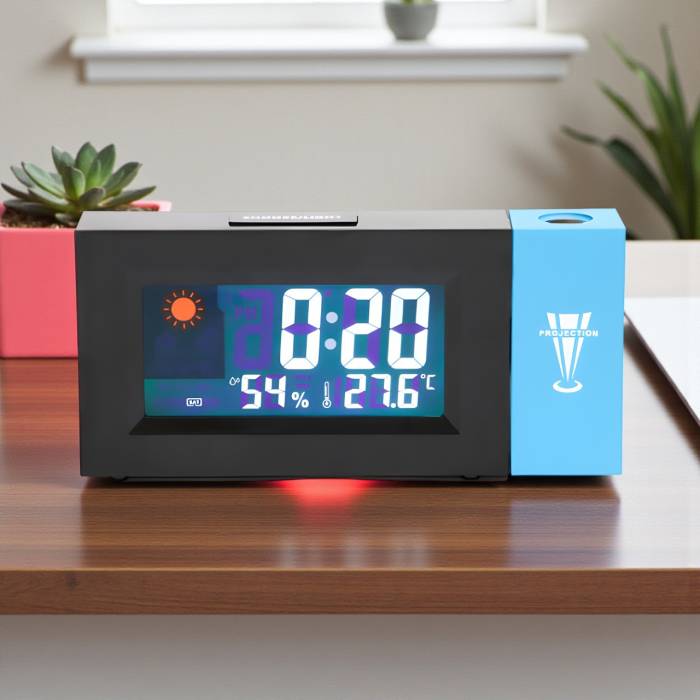 Настільний електронний годинник з LED-дисплеєм, проекцією часу, будильником та вимірюванням клімату