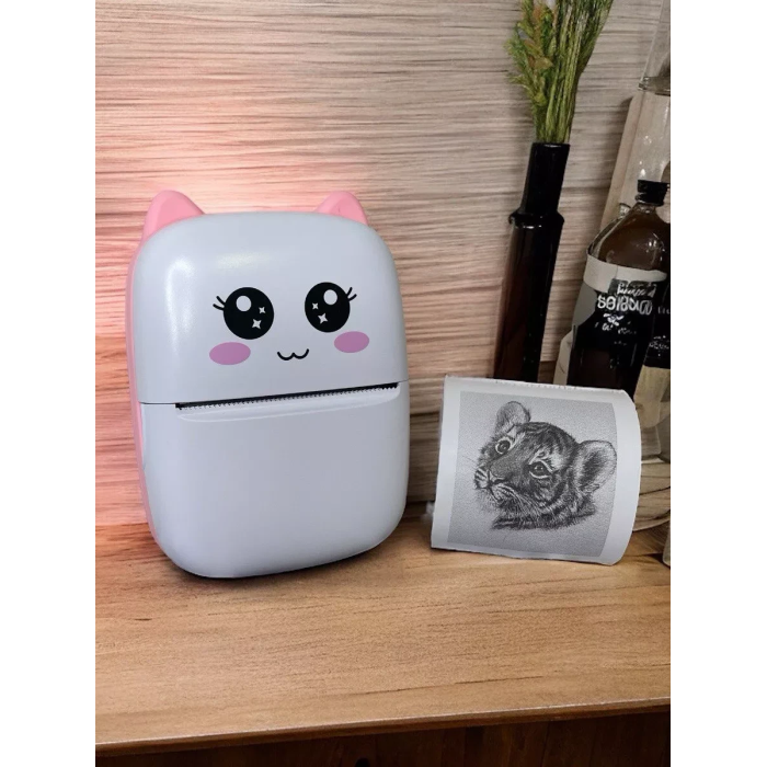 Портативний термопринтер без заливки чорнила BAMBI CAT Mini Printer Міні принтер для фотографій Біло-рожевий