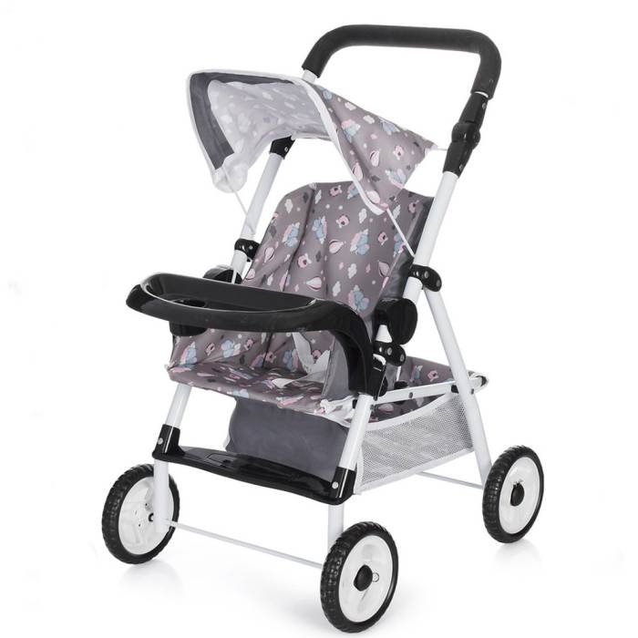 Прогулянкова металева коляска для ляльок зі столиком бампером Doll Stroller 69018 Сіра
