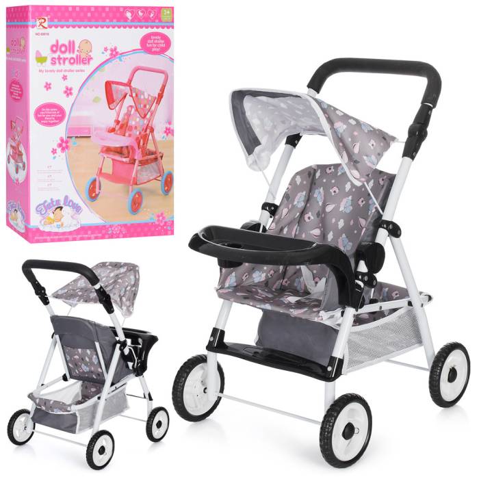 Прогулянкова металева коляска для ляльок зі столиком бампером Doll Stroller 69018 Сіра