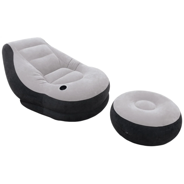 Надувне крісло з підсклянником Intex 68564 Ultra Lounge з пуфиком 130х99 см Сіро-чорний