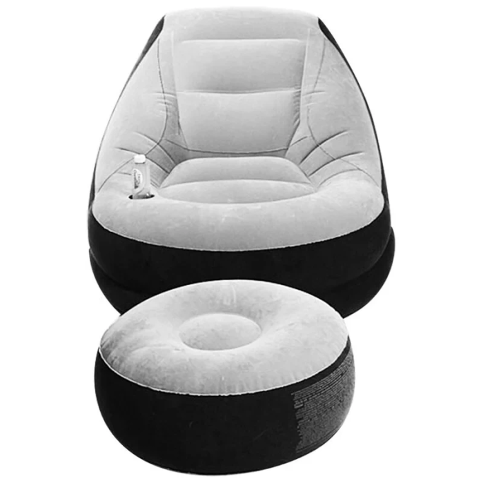 Надувне крісло з підсклянником Intex 68564 Ultra Lounge з пуфиком 130х99 см Сіро-чорний