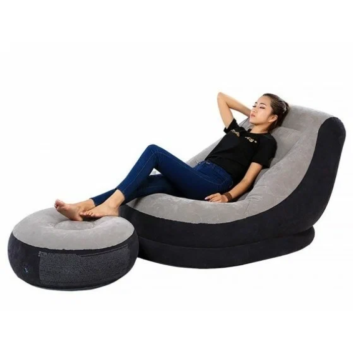 Надувне крісло з підсклянником Intex 68564 Ultra Lounge з пуфиком 130х99 см Сіро-чорний