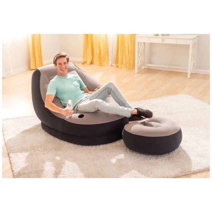 Надувне крісло з підсклянником Intex 68564 Ultra Lounge з пуфиком 130х99 см Сіро-чорний