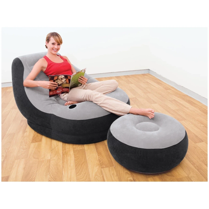 Надувне крісло з підсклянником Intex 68564 Ultra Lounge з пуфиком 130х99 см Сіро-чорний