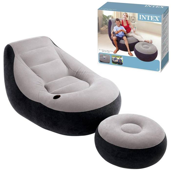 Надувне крісло з підсклянником Intex 68564 Ultra Lounge з пуфиком 130х99 см Сіро-чорний