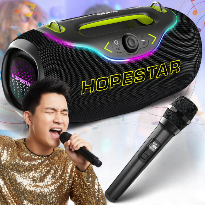 Портативная Bluetooth-колонка с RGB-подсветкой и караоке-микрофоном Hopestar A6 Club 200W