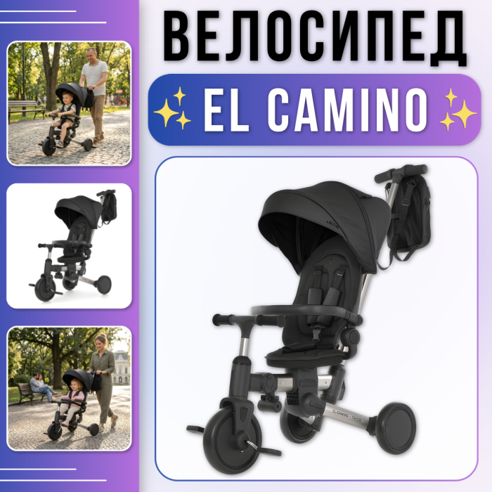 Дитячий триколісний велосипед 3в1 з батьківською ручкою та дощовиком El Camino ME 1226 Night Black
