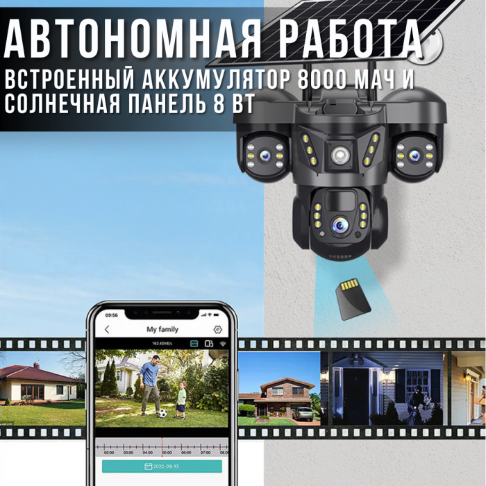 Вулична поворотна 4G камера відеоспостереження з 3 об'єктивами та сонячною панеллю
