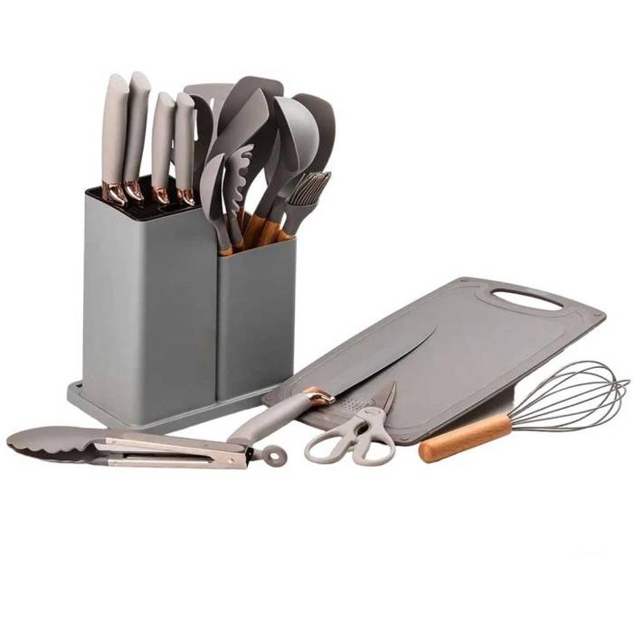Набір силіконових кухонних речей 19 предметів Сірий Kitchen Set Кухонний набір з дощечкою