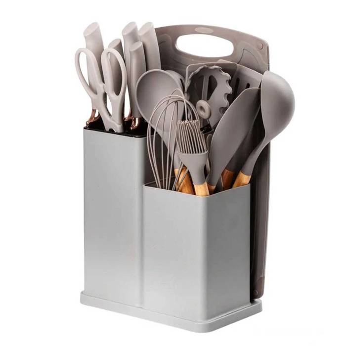 Набір силіконових кухонних речей 19 предметів Сірий Kitchen Set Кухонний набір з дощечкою