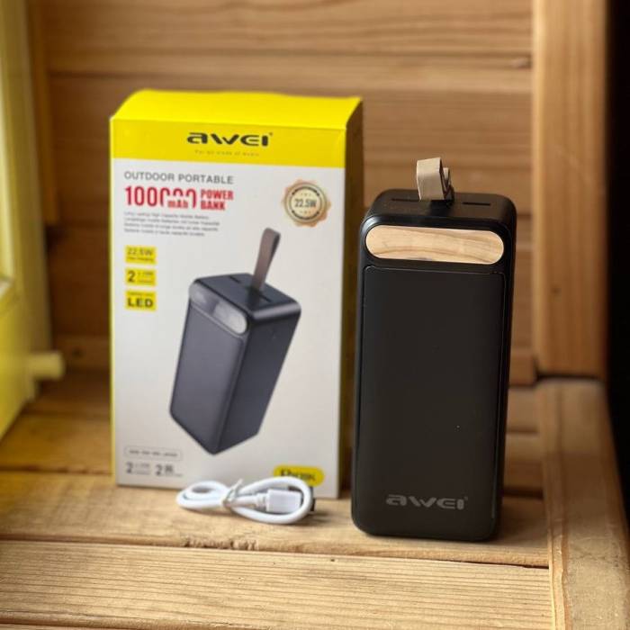 Зовнішній акумулятор Power Bank на 100 000 мАч з дисплеєм та ліхтариком AWEI P101K 22.5W Чорний