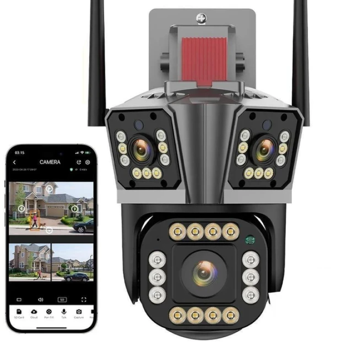 Вулична WiFi камера відеоспостереження з трьома об'єктивами Wi-Fi IP 5K Портативна камера відеоспостереження