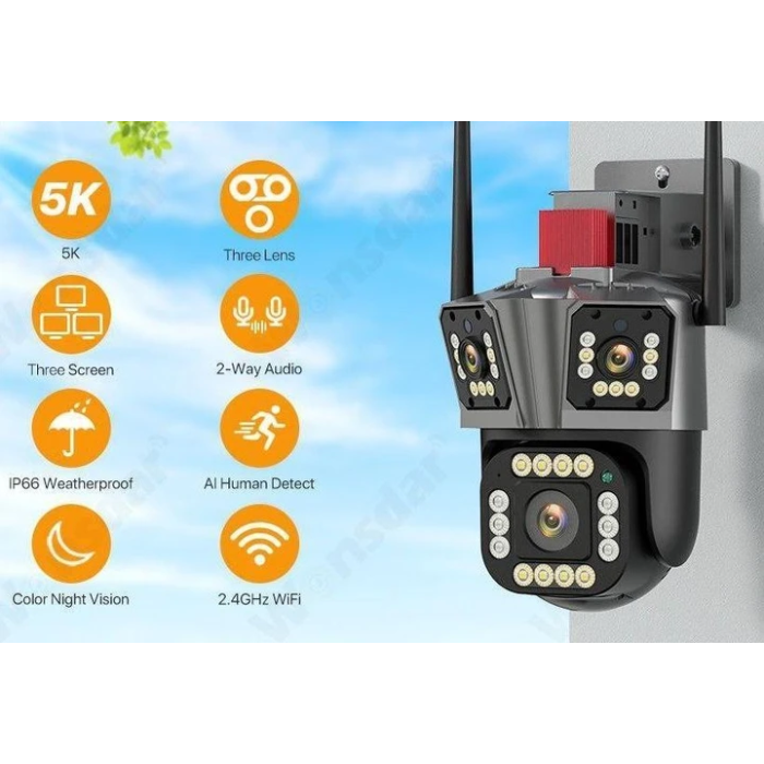 Вулична WiFi камера відеоспостереження з трьома об'єктивами Wi-Fi IP 5K Портативна камера відеоспостереження