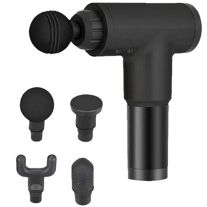 Портативный ручной массажёр пистолет с 4 насадками Fascial Gun YX-908 Массажный вибрационный пистолет