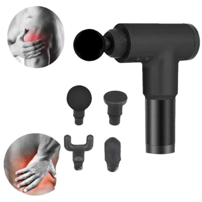 Портативный ручной массажёр пистолет с 4 насадками Fascial Gun YX-908 Массажный вибрационный пистолет