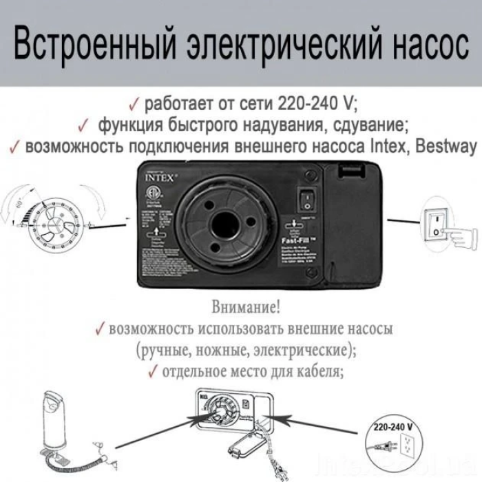 Двоспальне надувне ліжко 152х203х32 см із вбудованим електричним насосом та сумкою 67770 Intex Сірий