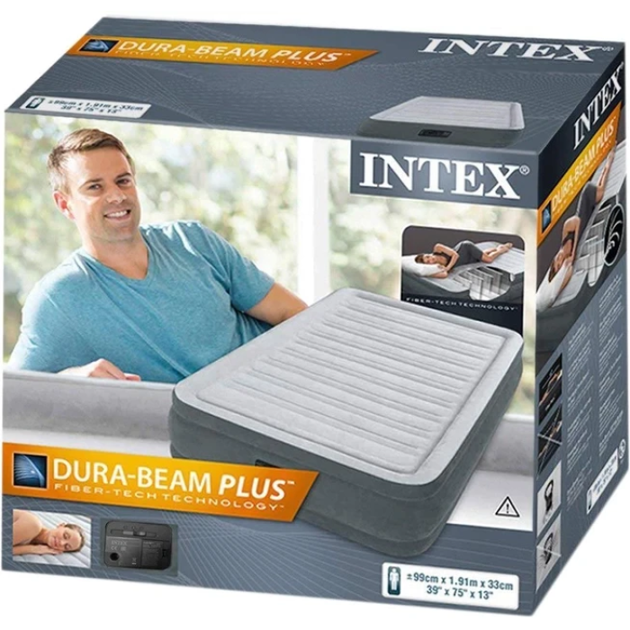 Одномісне надувне ліжко 191 x 99 x 33 см із вбудованим електричним насосом Intex 67766 Сірий